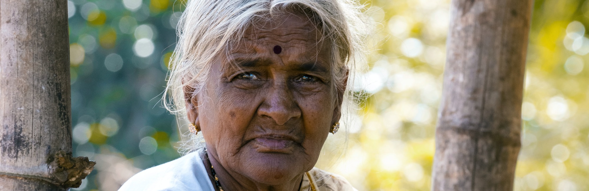 wise old hindu lady calmly looks at camera