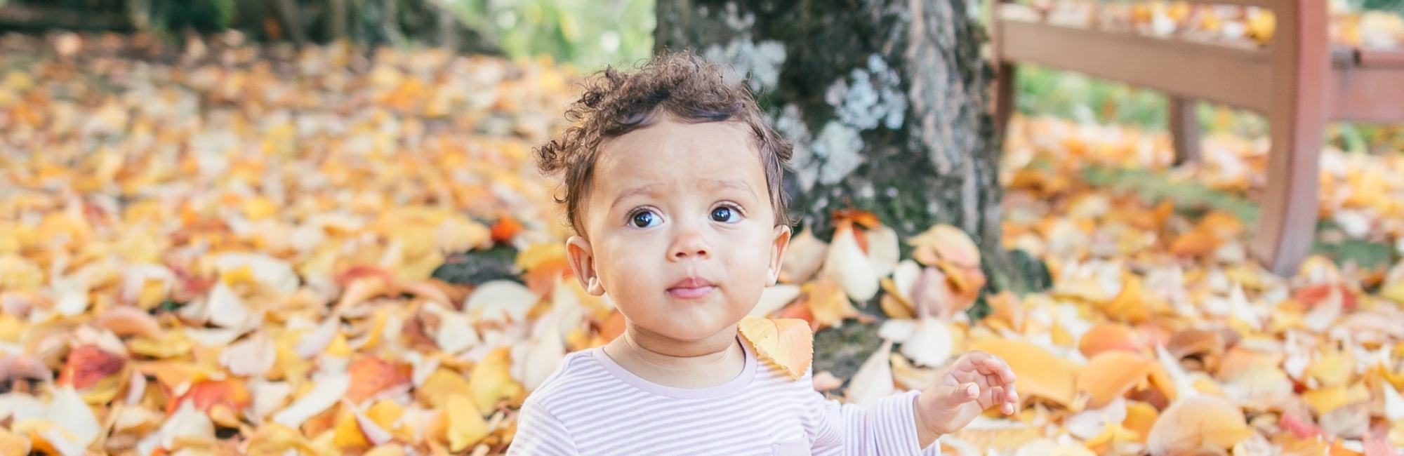child playing outside in autumn leaves