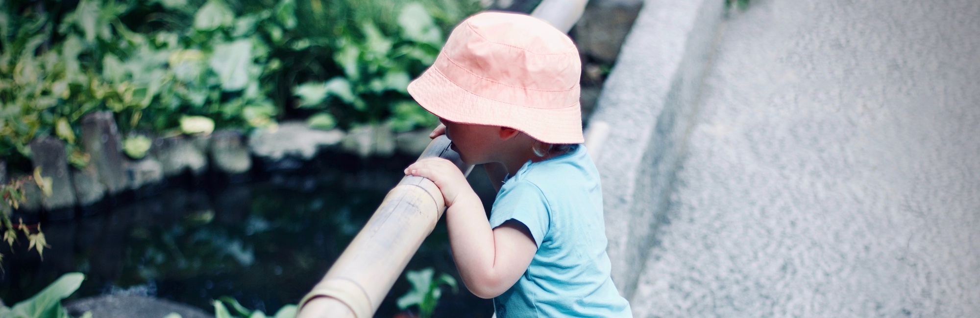 toddler looking over balcony into a pond